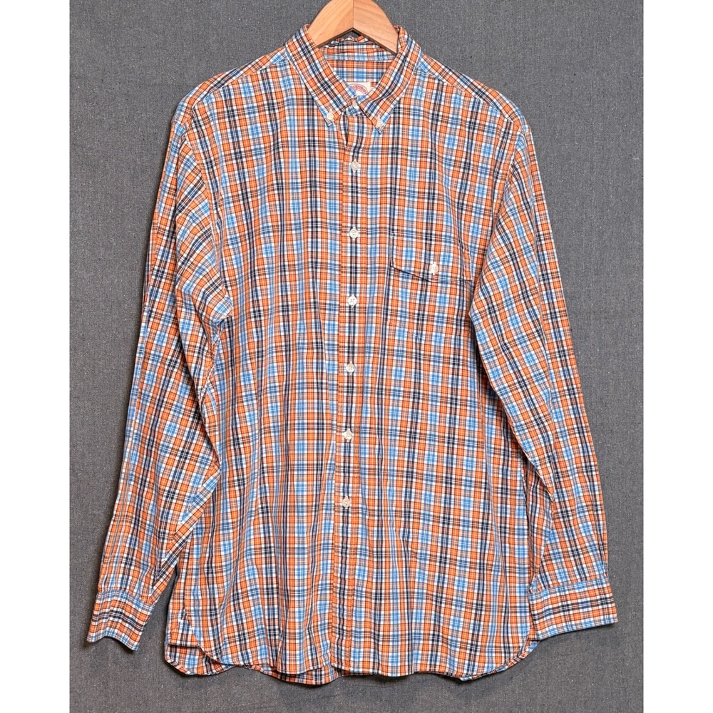 Brooks Brothers Mens Orange Blue Plaid Cotton Button Down Shirt Large L